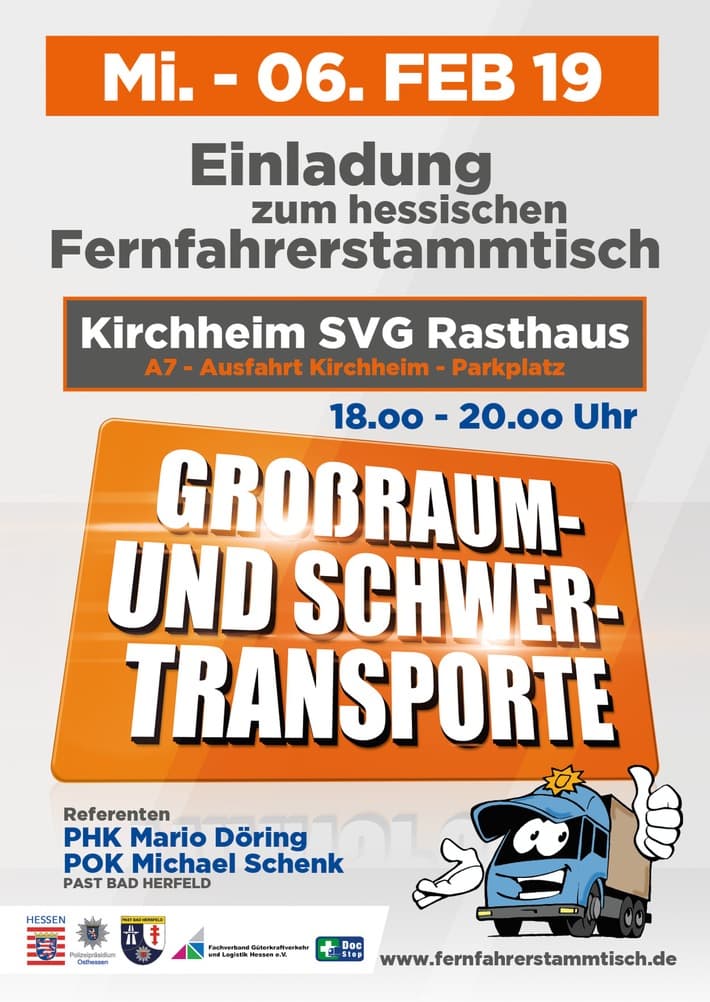 Fernfahrerstammtisch am Mittwoch, 06. Februar 2019, in Kirchheim zum Thema Großraum- und Schwertransporte