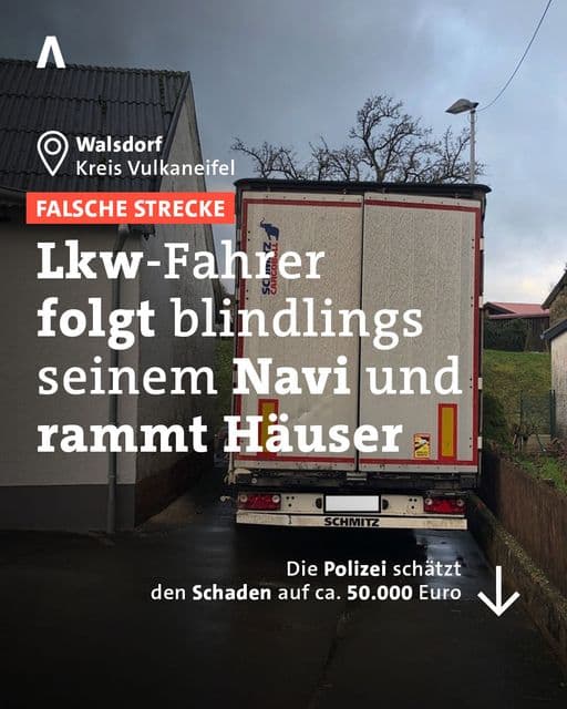 Lastwagen folgt Navi und rammt Häuser in Walsdorf